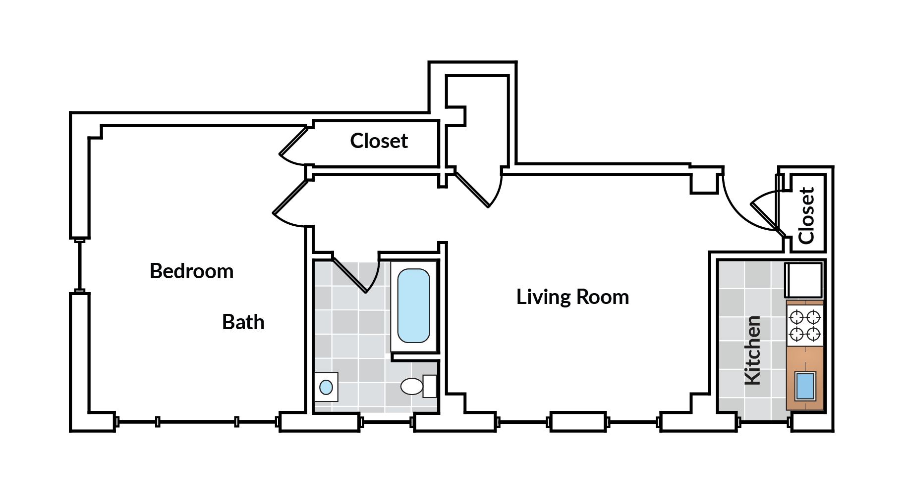 Floor plan for 1 bed, 1 bath, 540 sqft